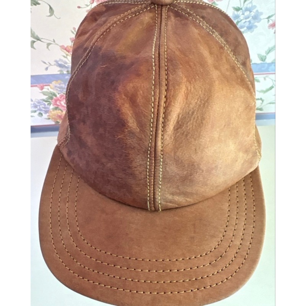 Vintage Genuine Leather Baseball Cap Made in USA Brown Distressed Strapback Hat